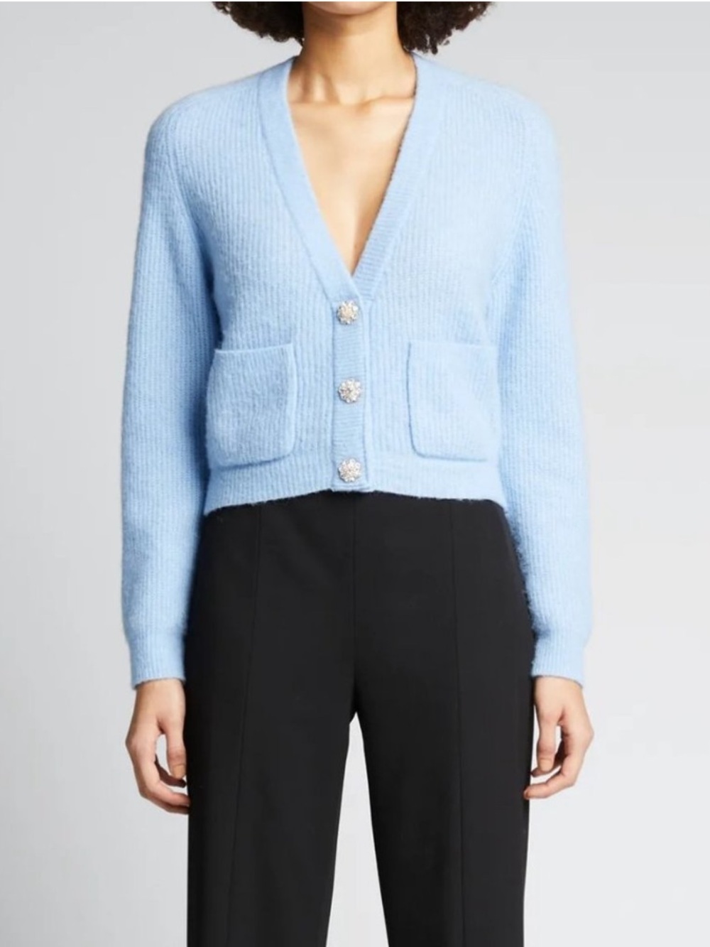 GANNI Soft Wool Alpaca Crystal Button Cropped Cardigan XS Blue